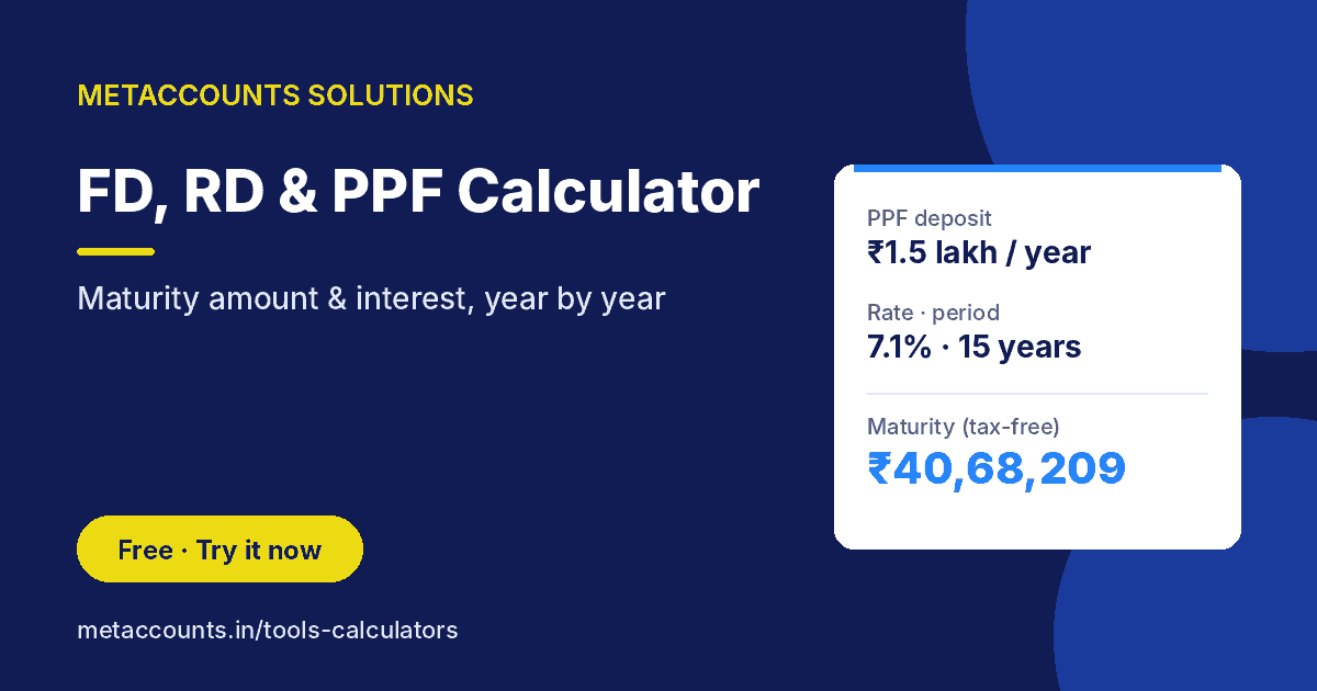 FD, RD & PPF Calculator 1 FD, RD and PPF calculator for maturity amount and interest – METACCOUNTS SOLUTIONS